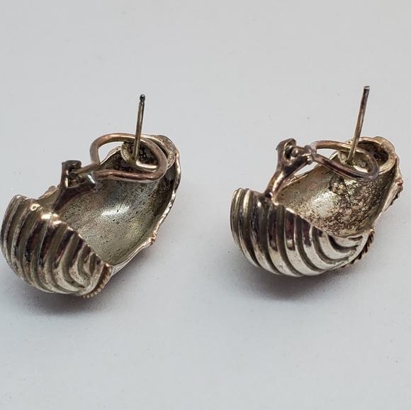 SOLD Sterling Ribbed Dome Hoop Omega Earrings - Picture 3 of 7